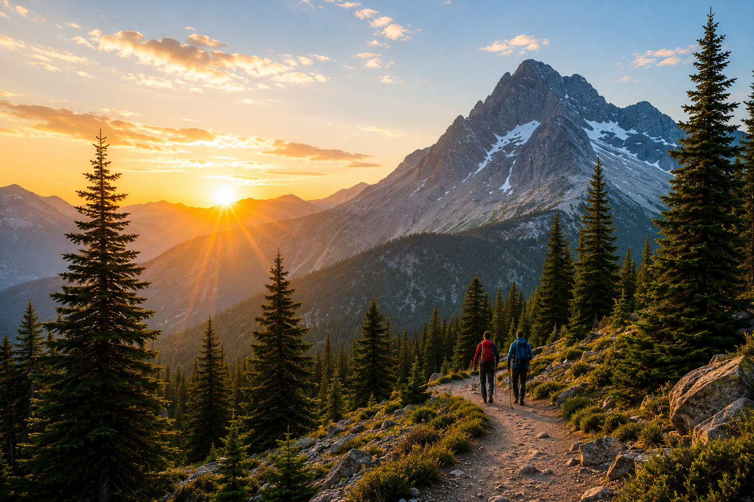 Two hikers on a mountain trail at sunrise
